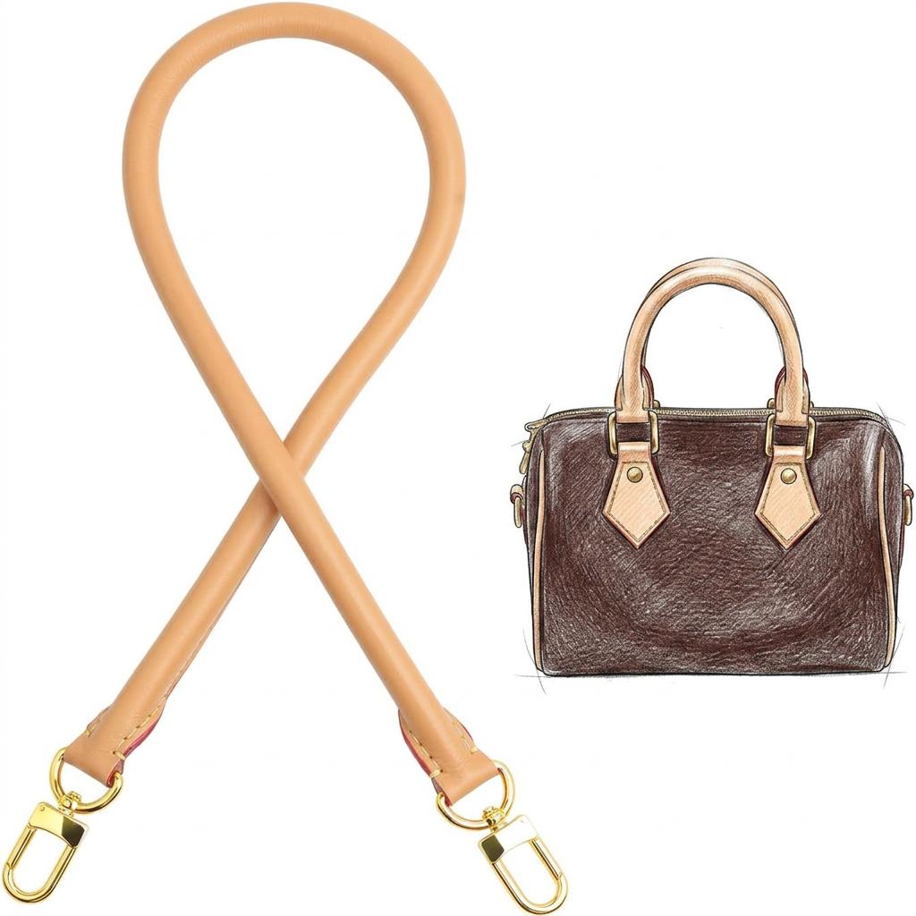 Tan leather bag strap with gold hardware, shown with brown handbag for replacement or upgrade