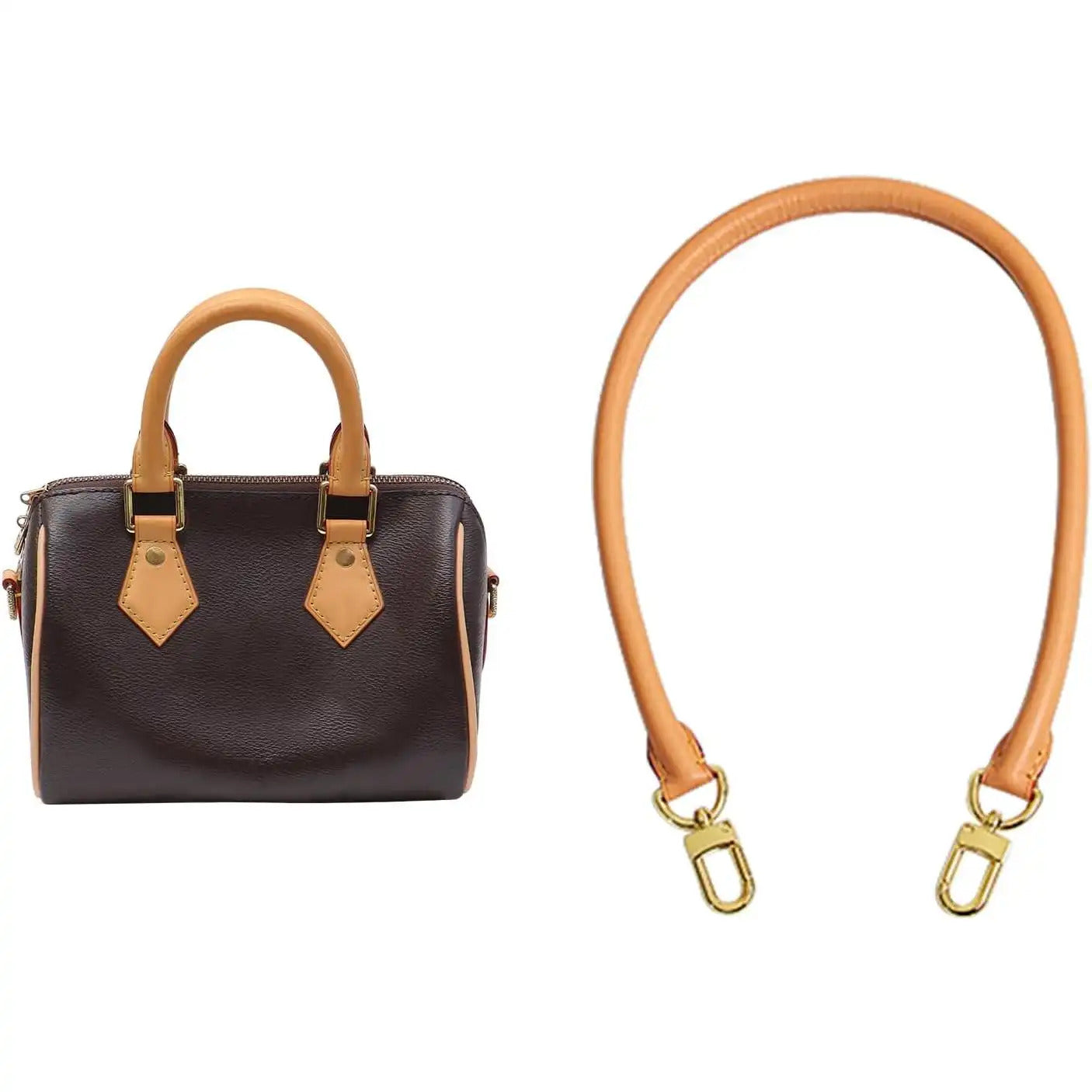 Tan leather replacement bag strap with gold hardware, shown with a brown handbag for styling.