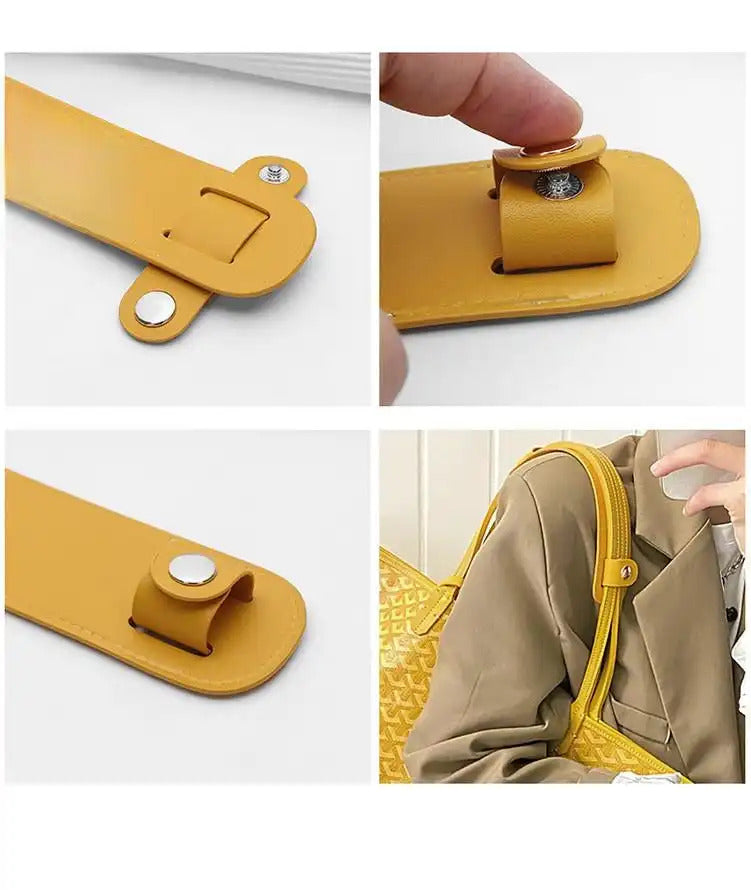 Mustard yellow leather bag strap with magnetic snap closure, shown attaching to handbag for easy replacement.