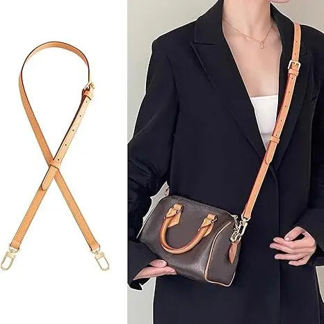 Tan leather bag strap replacement with gold hardware, shown on brown handbag and model