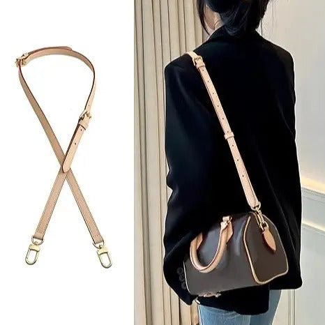 Beige leather bag strap replacement with gold hardware, shown on shoulder bag and standalone