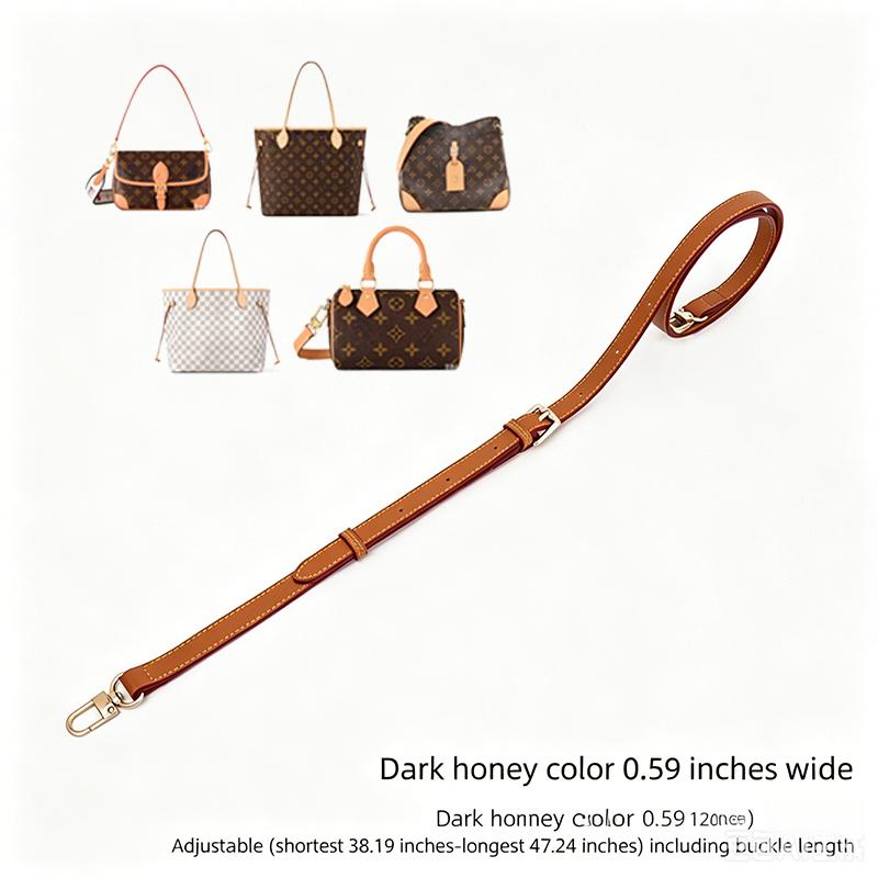 Dark honey leather bag strap, 0.59 inches wide, adjustable 38-47 inches, fits monogram & checkered totes