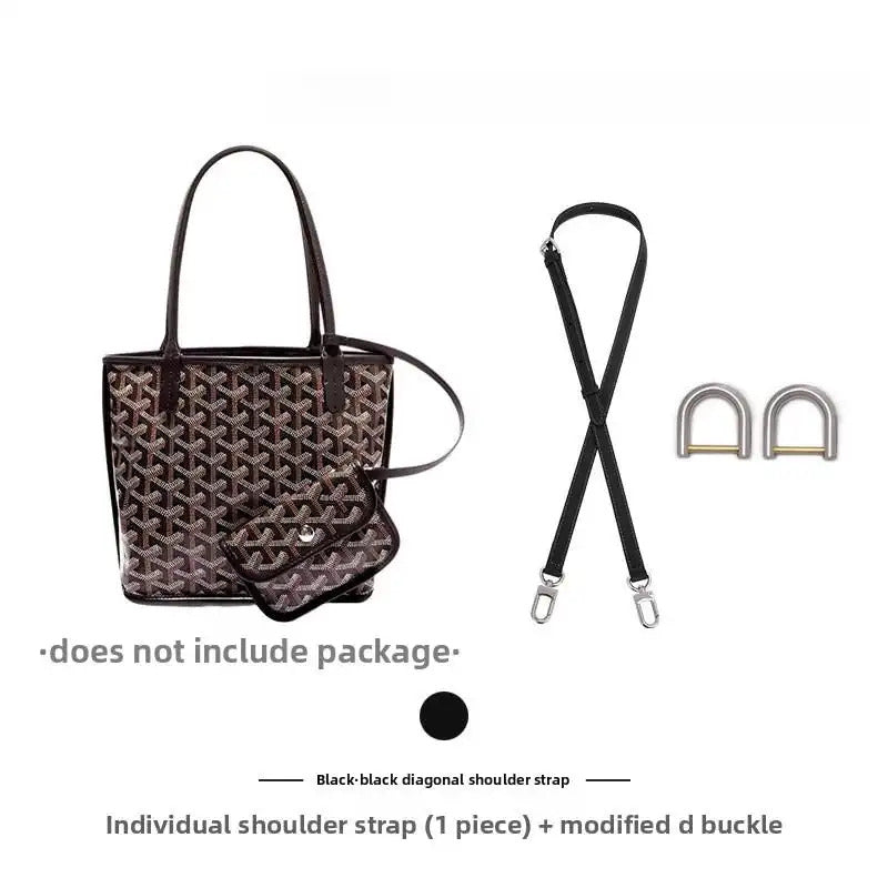 Black diagonal shoulder strap with modified D-buckle for bag replacement, shown with patterned tote