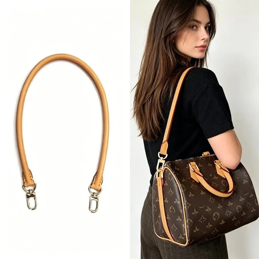 Tan leather bag strap replacement with silver hardware, shown on monogram handbag for shoulder carry.