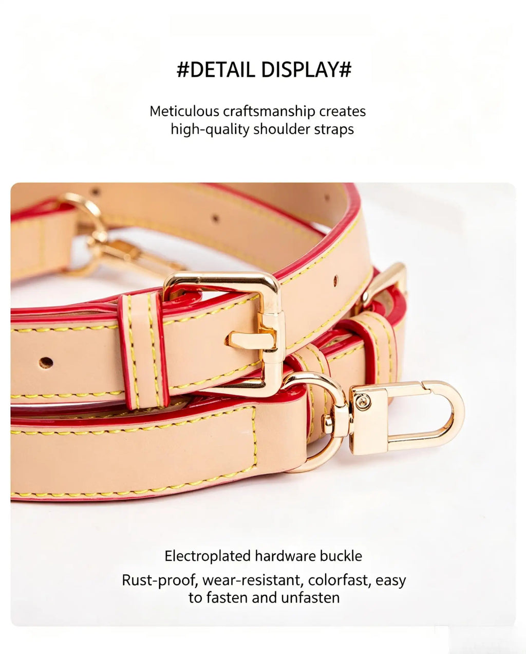 High-quality beige and red leather shoulder strap with gold buckle and yellow stitching