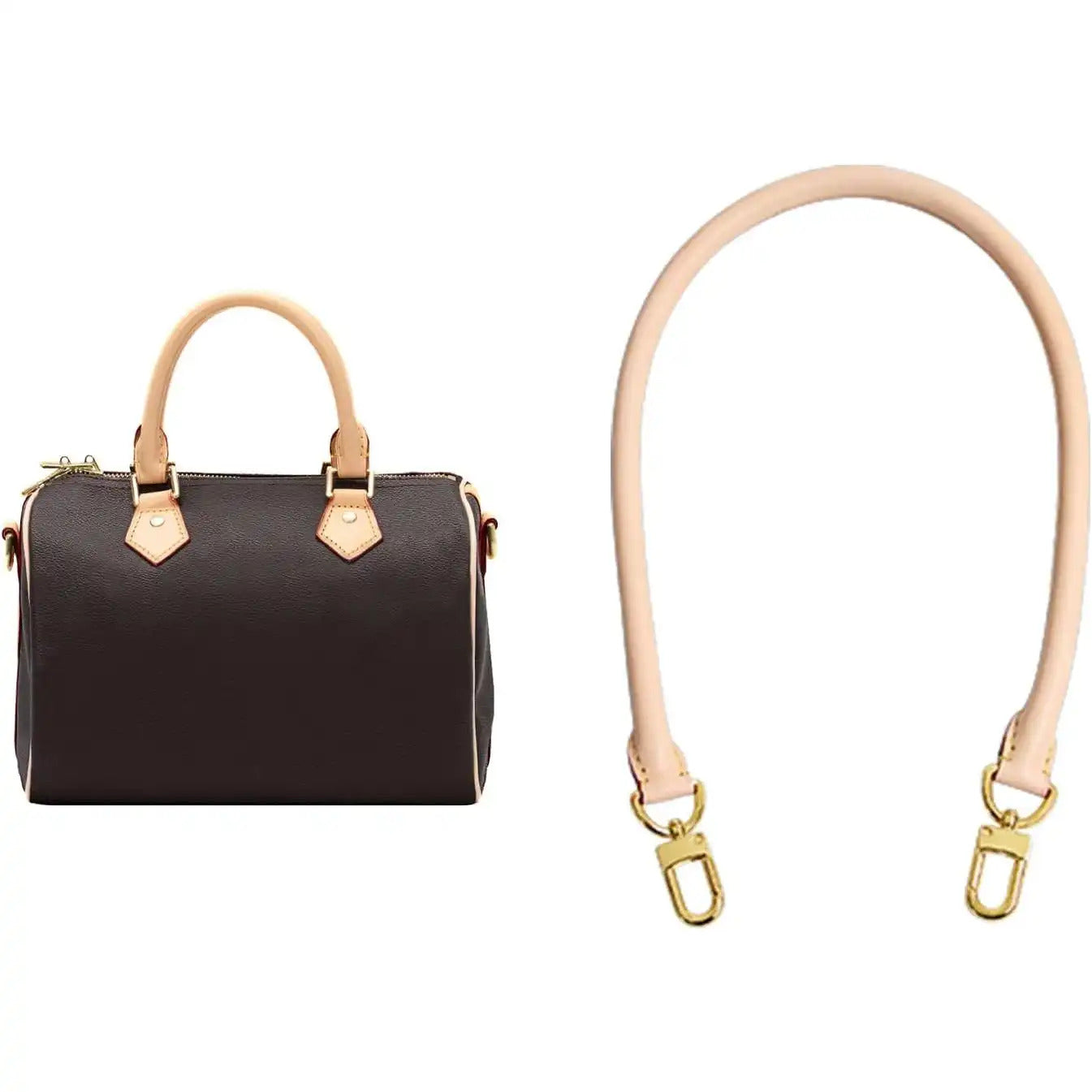 Tan leather replacement bag strap with gold hardware, shown with black handbag for styling