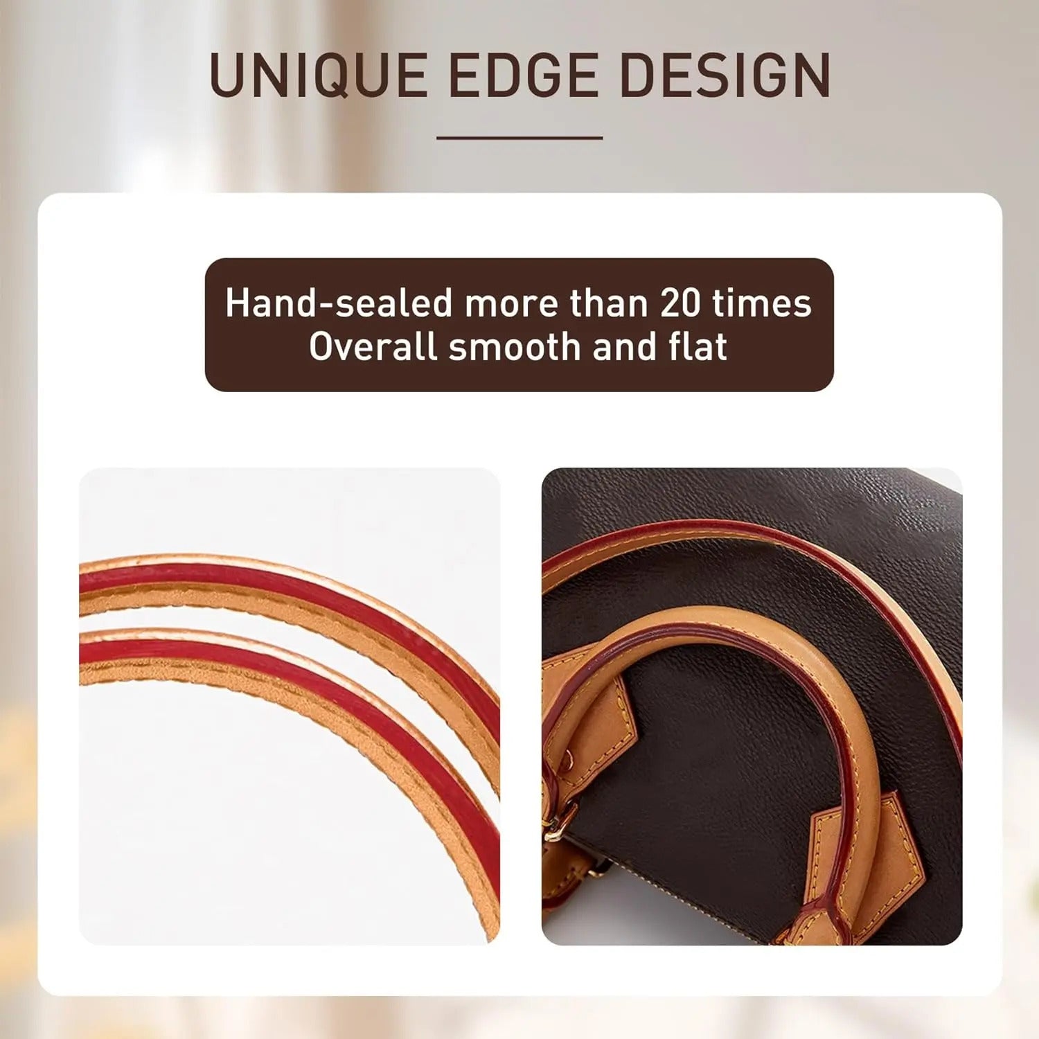 Hand-sealed leather bag strap with smooth flat edge design, crafted for bag refresh