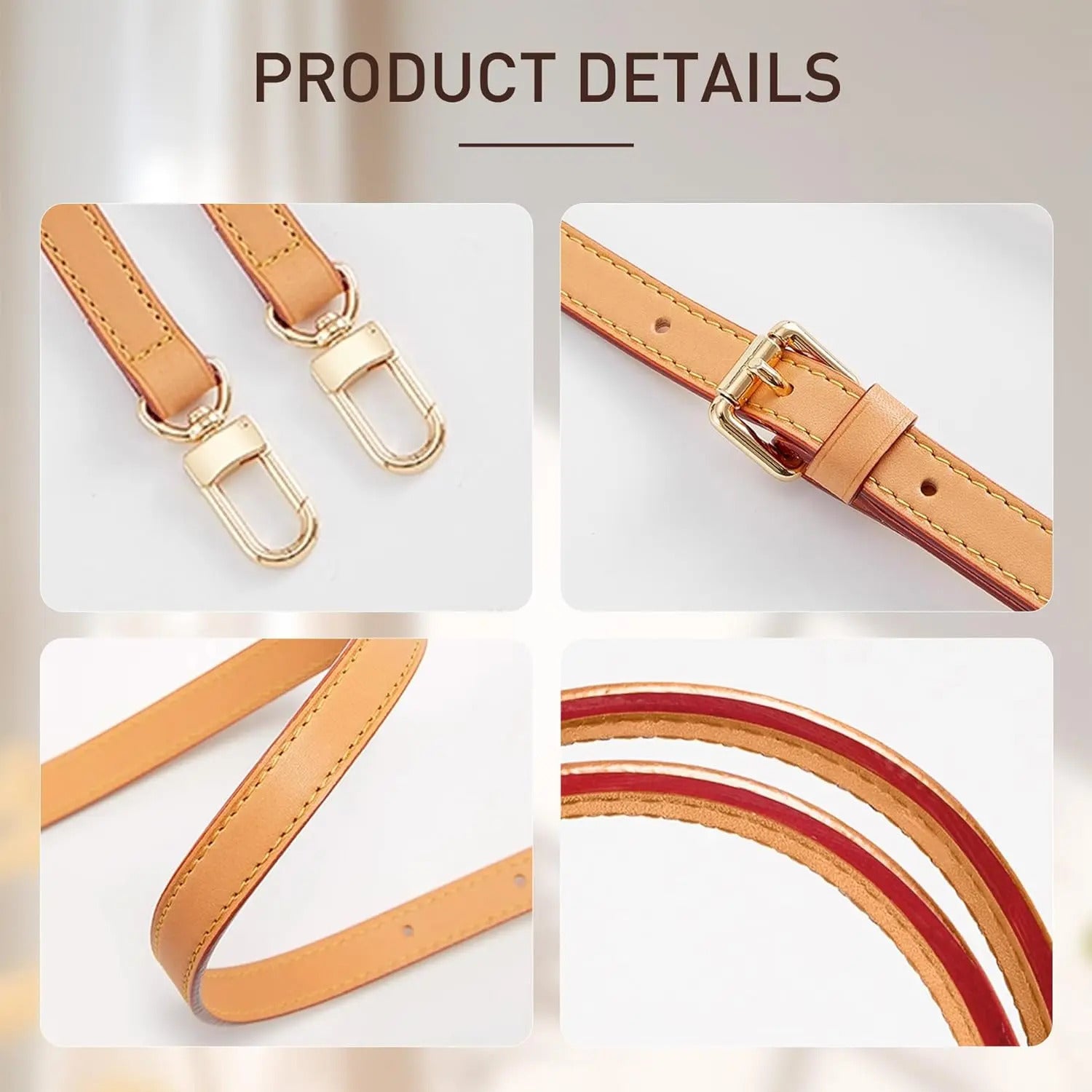 Tan leather bag strap with gold hardware, adjustable buckle, and red-lined interior details