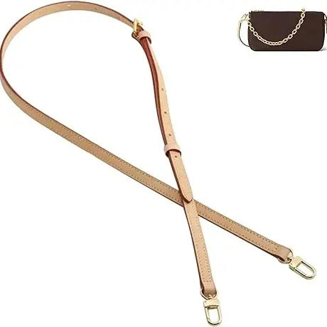 Tan leather bag strap with gold hardware, adjustable for crossbody or shoulder use