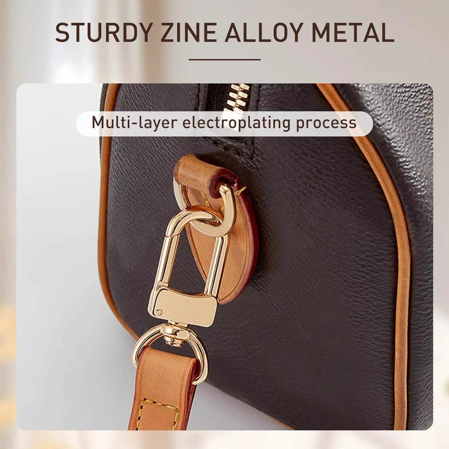 Sturdy zine alloy metal bag hardware with multi-layer electroplating, attached to leather strap on dark bag