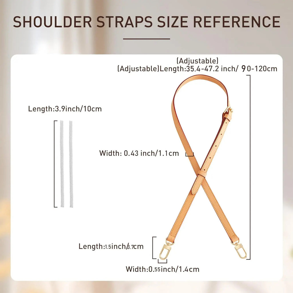 Adjustable leather shoulder strap size chart with measurements for bag replacement straps