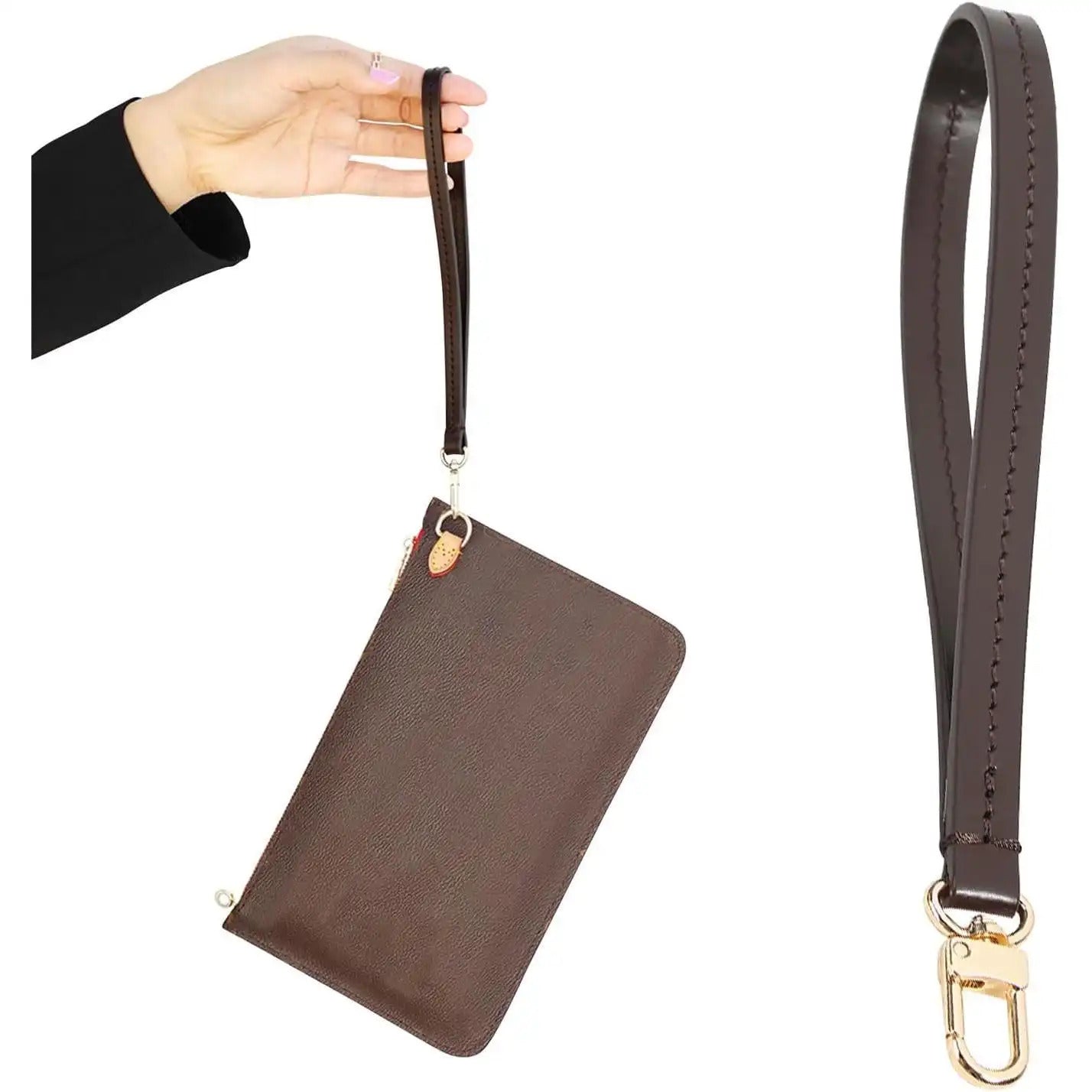 Brown leather wristlet strap with gold clasp, shown attached to a clutch and separately for replacement use.