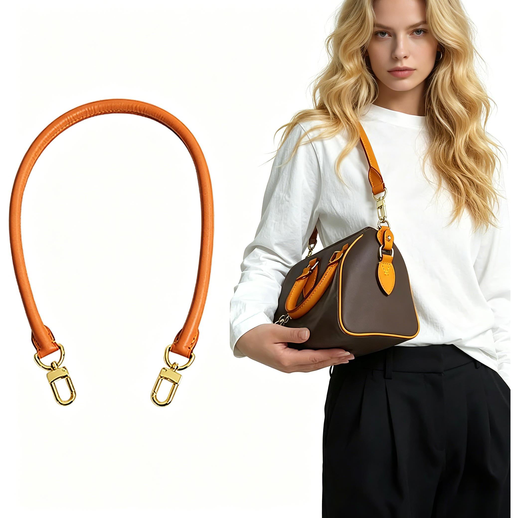 Tan leather bag strap with gold hardware, shown on brown handbag and as standalone accessory for bag refresh.