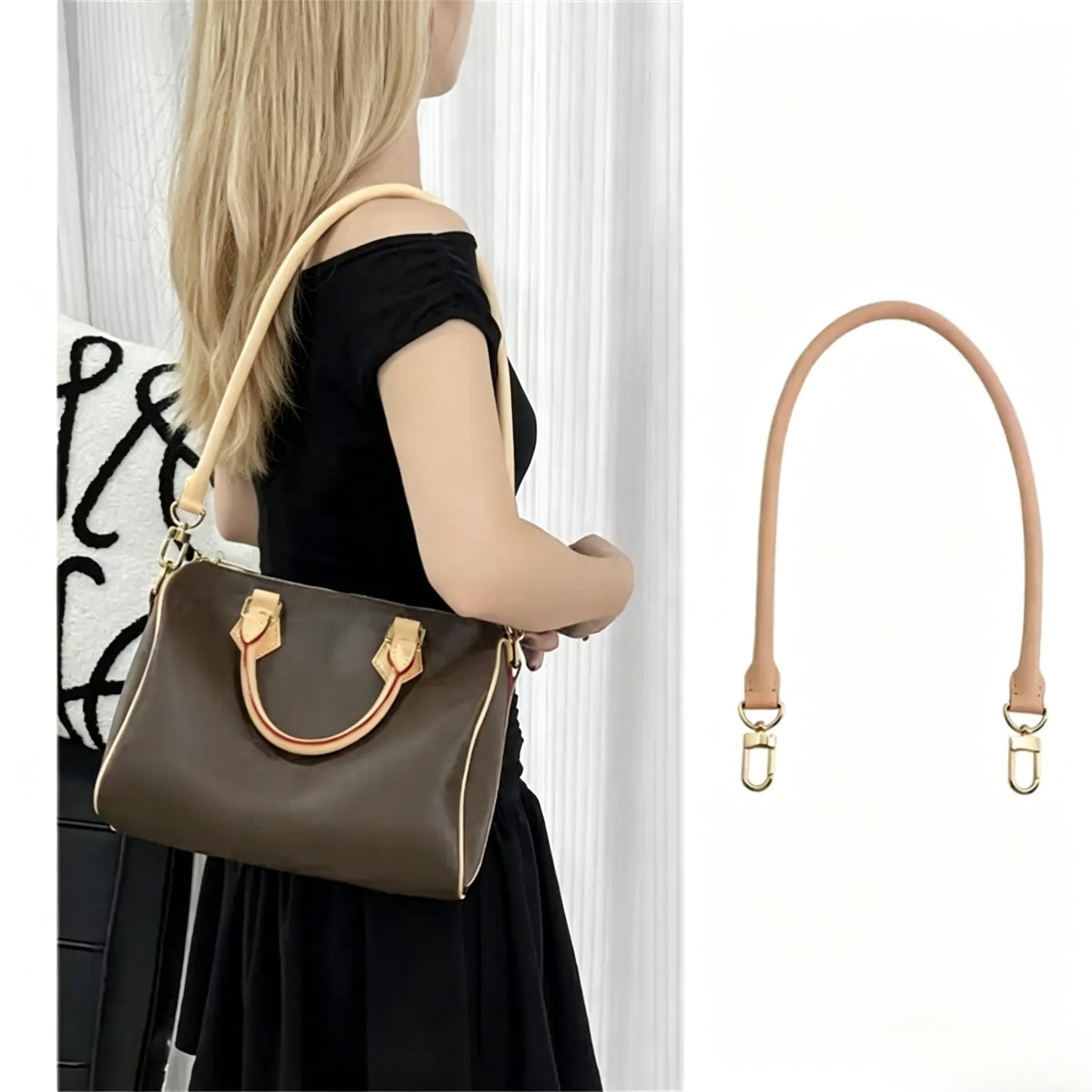 Tan leather bag strap replacement with gold hardware, shown on brown handbag and as standalone accessory.