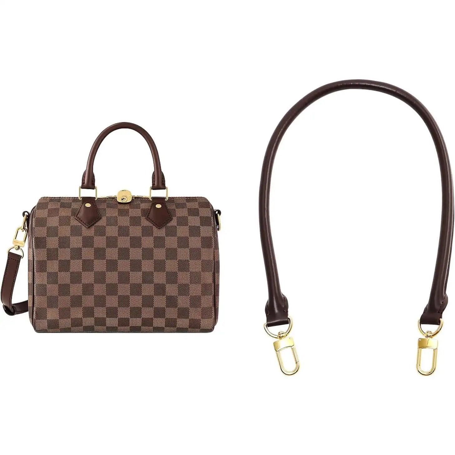 Brown checkered handbag with replacement leather shoulder strap and gold hardware
