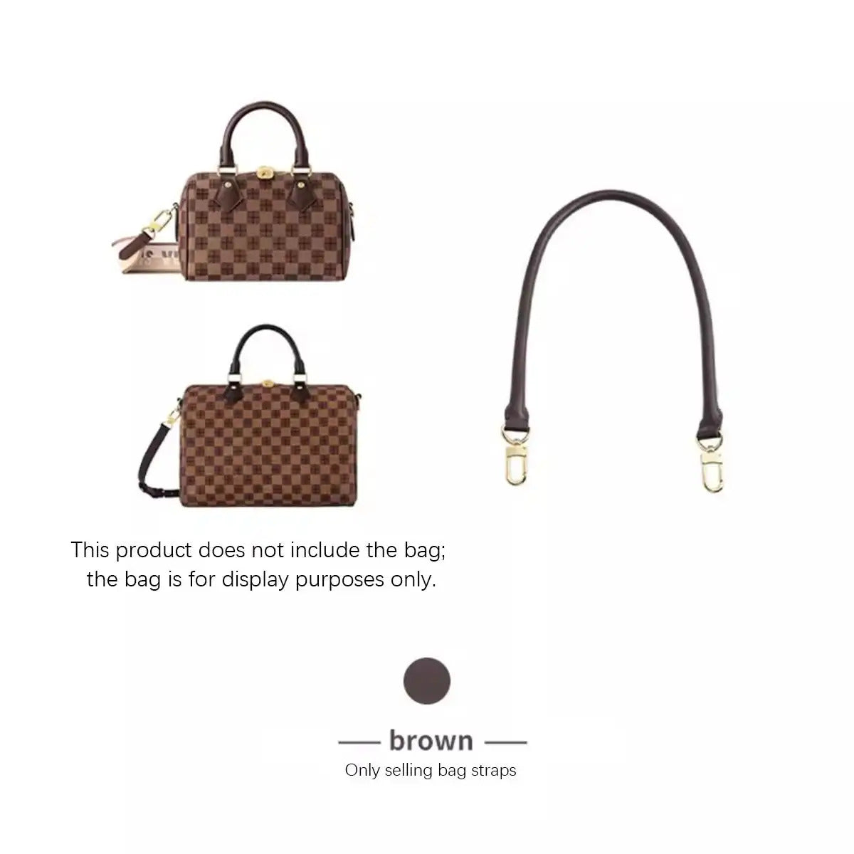 Brown leather bag strap replacement with gold hardware, fits checkered handbags