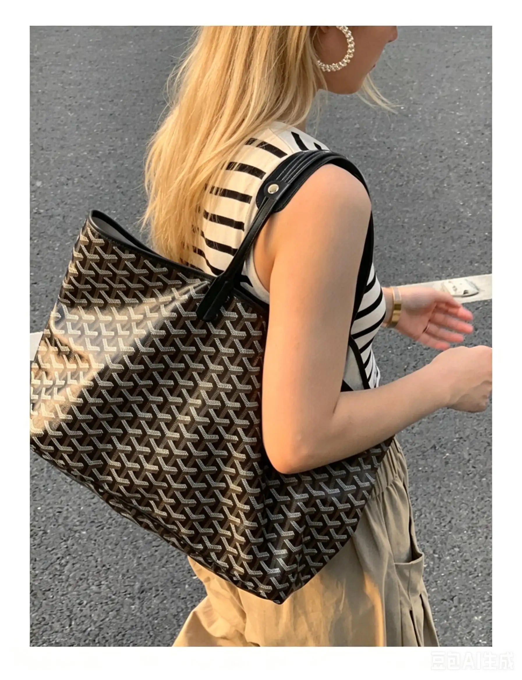 Stylish tote bag with geometric pattern and black leather straps, carried by woman in striped top.