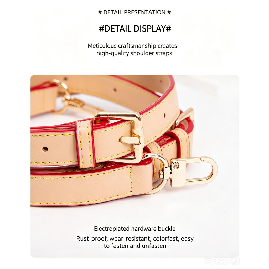 High-quality leather shoulder strap with gold buckle, red trim, and yellow stitching for bag replacement
