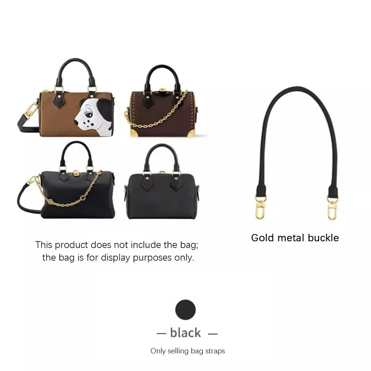 Black bag strap with gold metal buckle, replacement accessory for handbags, shown with display bags