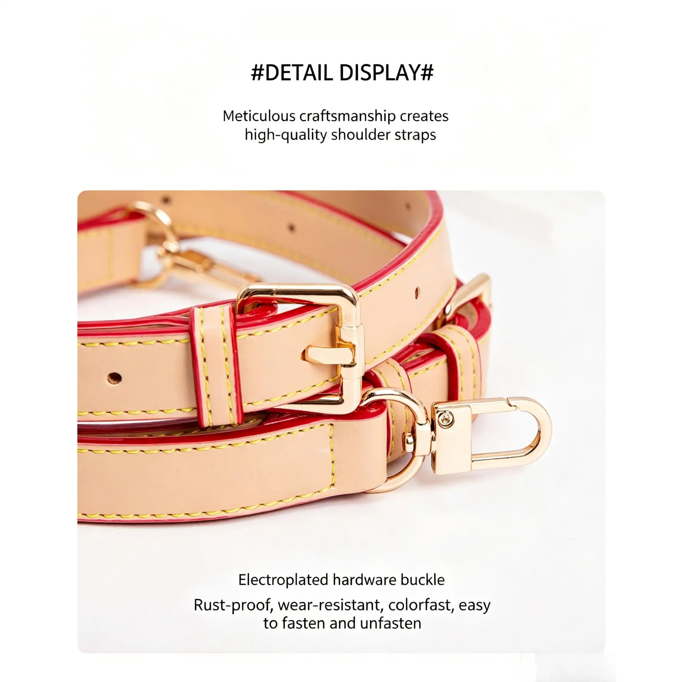 Tan and red leather shoulder strap with gold buckle, yellow stitching, and electroplated hardware for bags