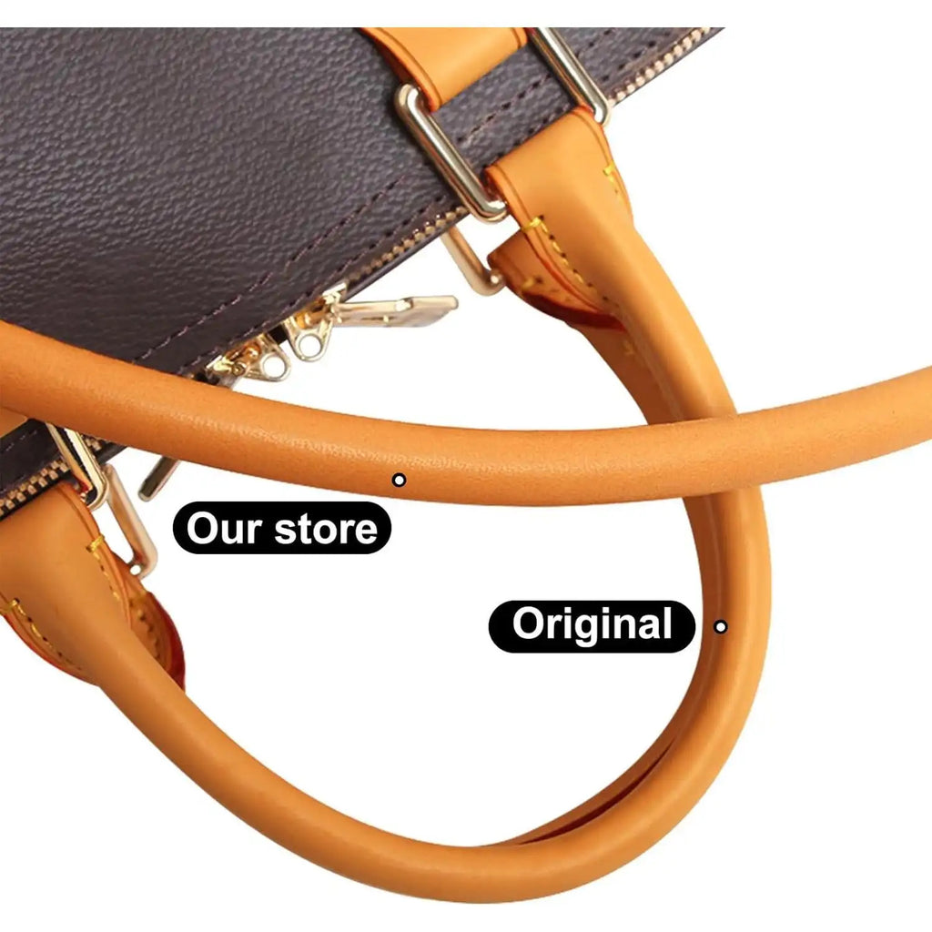 Tan leather replacement bag strap with gold hardware, shown beside original strap for comparison
