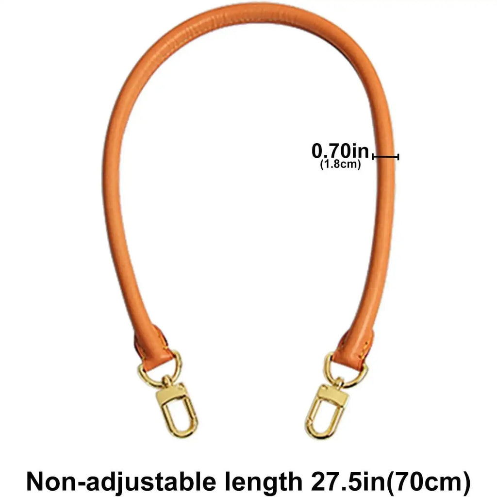 Tan leather bag strap with gold hardware, 27.5in length, 0.70in width, non-adjustable for handbags