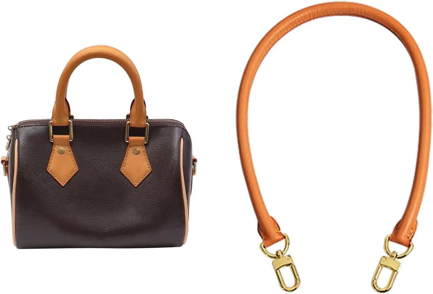 Tan leather replacement strap for brown handbag with gold hardware, perfect for refreshing your favorite bags.