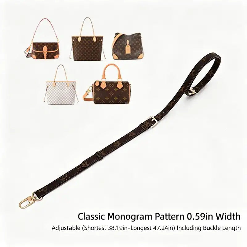 Adjustable monogram pattern bag strap, 0.59in width, fits multiple handbags