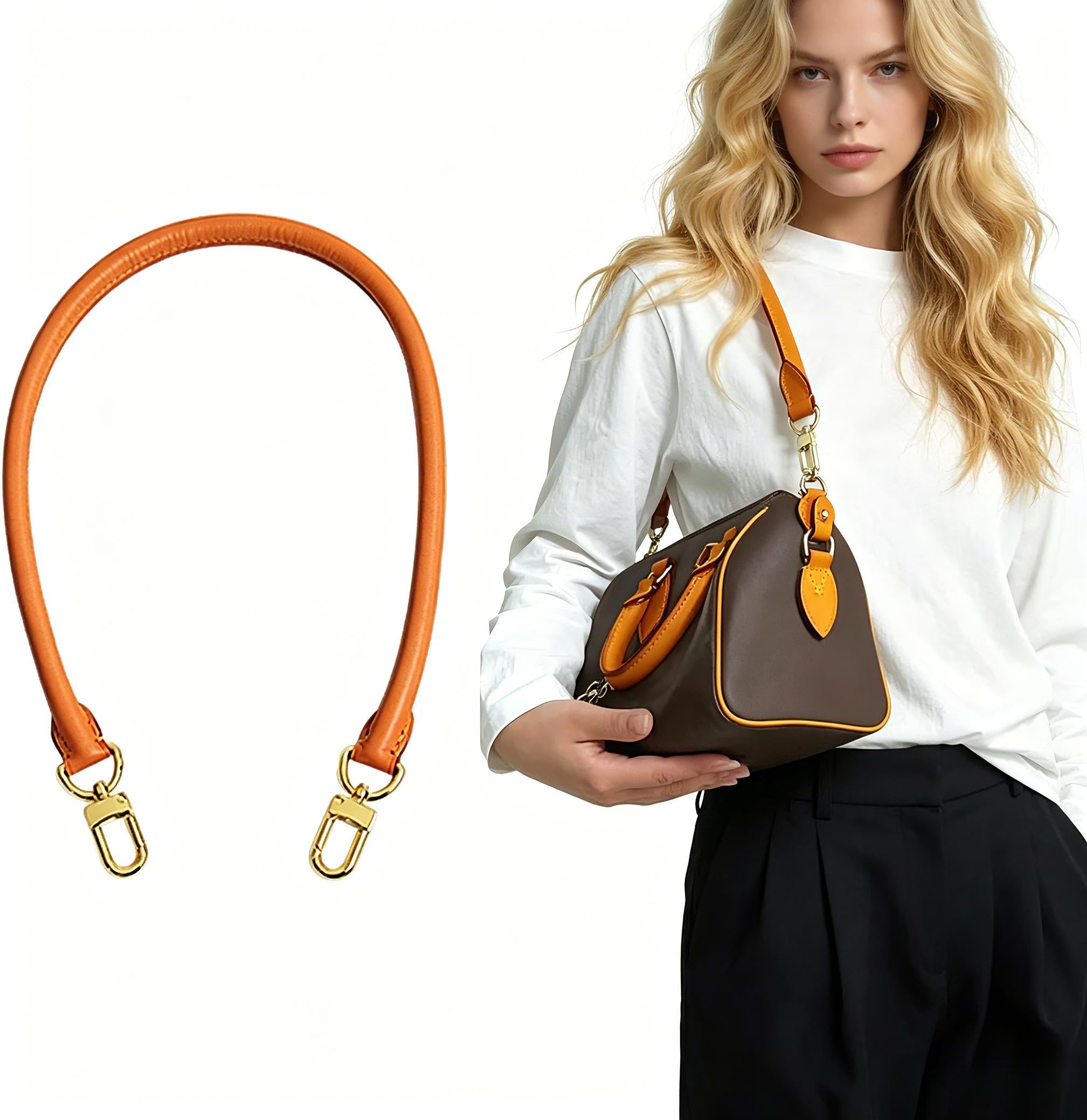 Tan leather bag strap with gold hardware, shown attached to brown handbag for stylish accessory upgrade