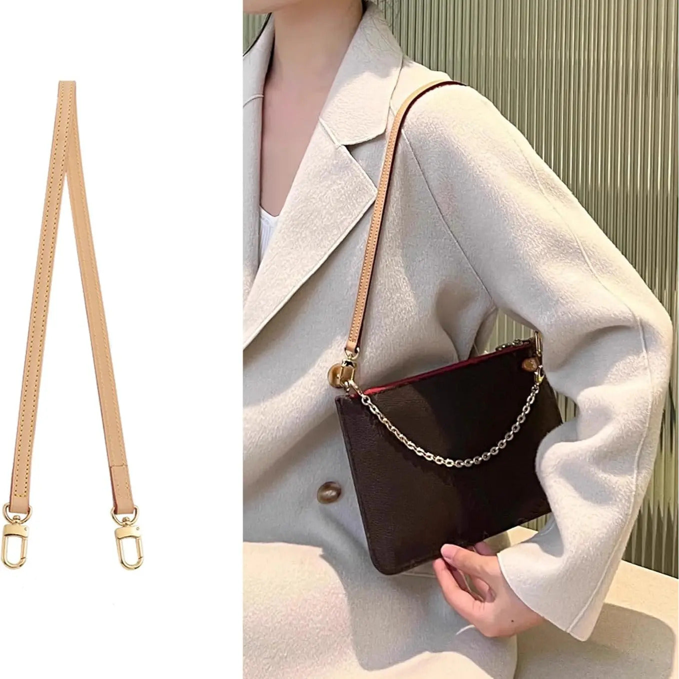 Tan leather bag strap with gold hardware, shown on a brown crossbody bag for stylish accessory upgrade.