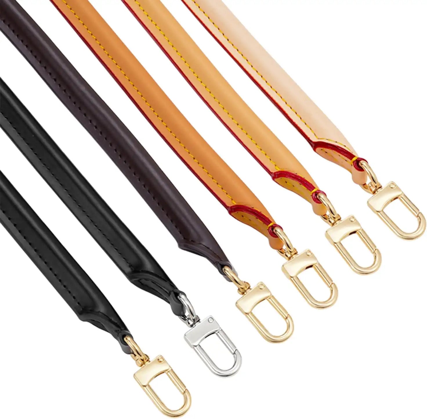 Leather bag straps in black, brown, tan, and beige with gold and silver hardware for purse customization