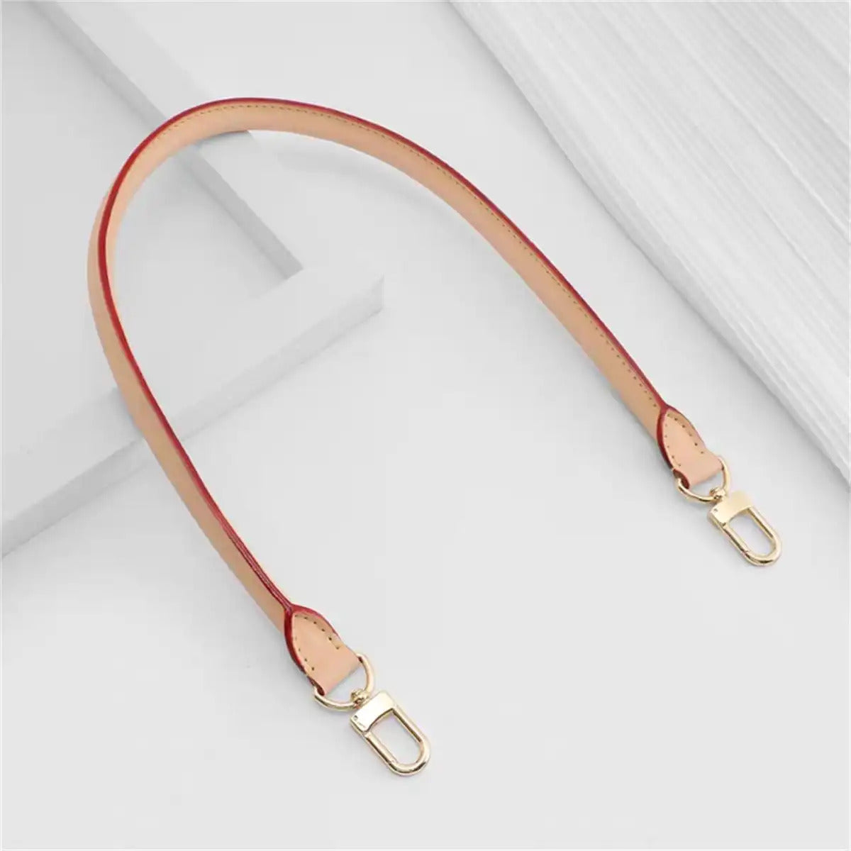 Tan leather bag strap with red edge and gold hardware for purse replacement