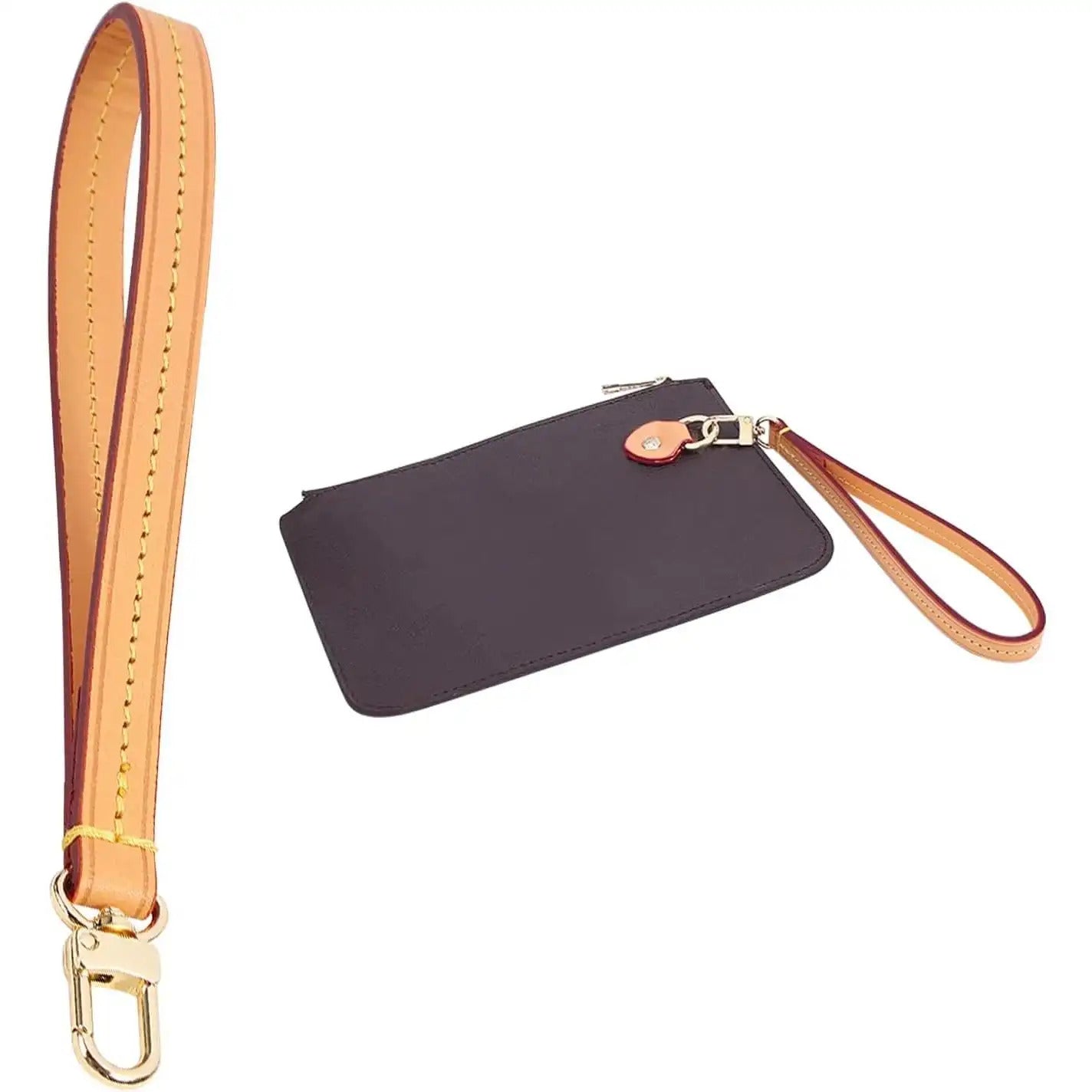 Tan leather wrist strap with gold hardware, shown with dark clutch for bag refresh