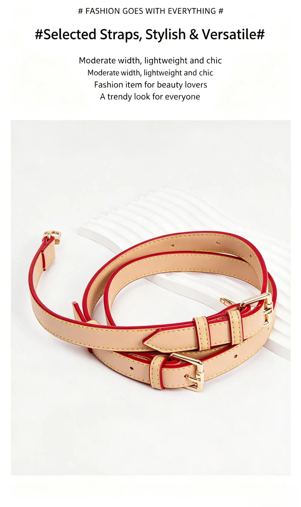 Stylish beige and red bag strap with gold hardware, lightweight and chic for fashion lovers