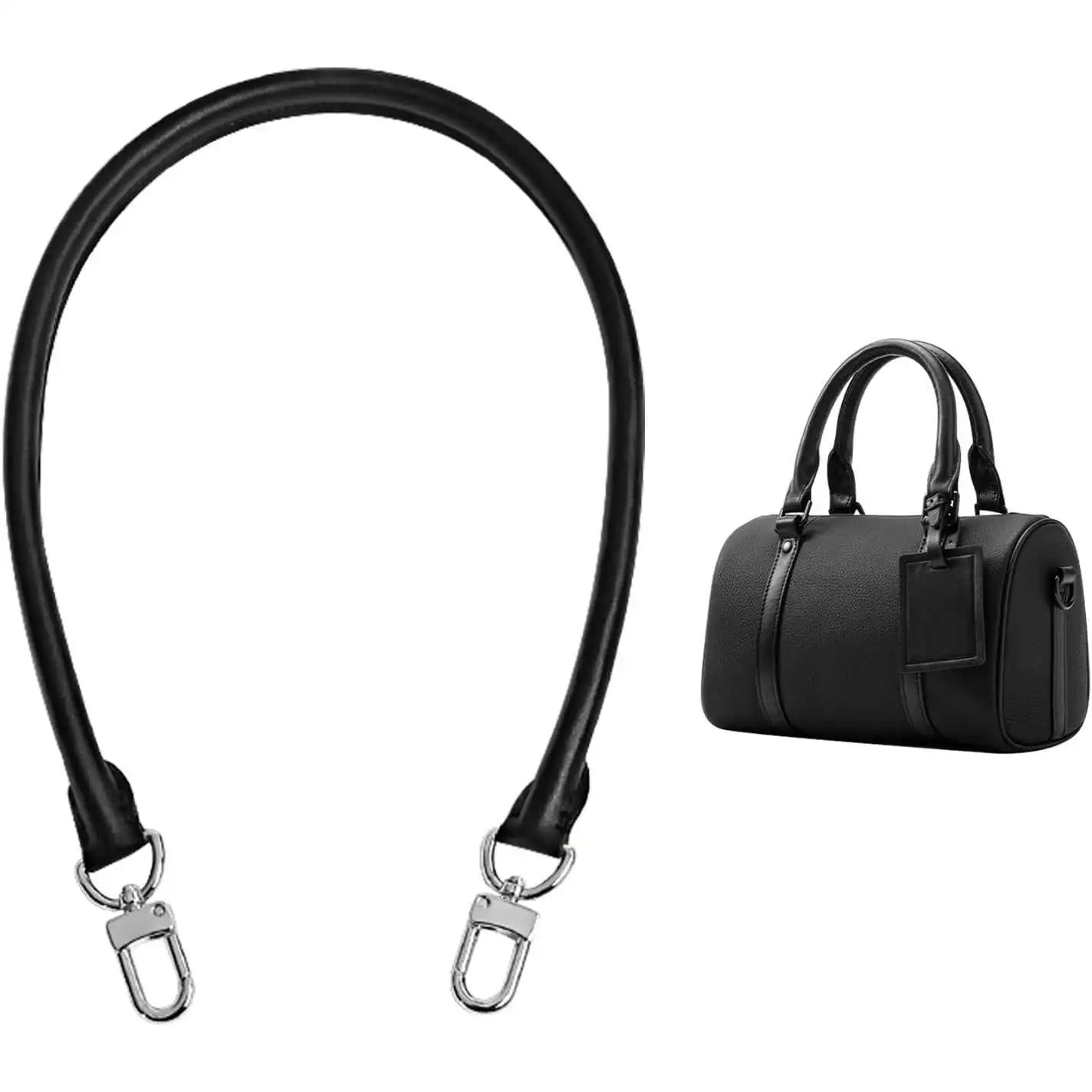 Black leather bag strap with silver clasps, shown with compatible handbag for replacement or upgrade.