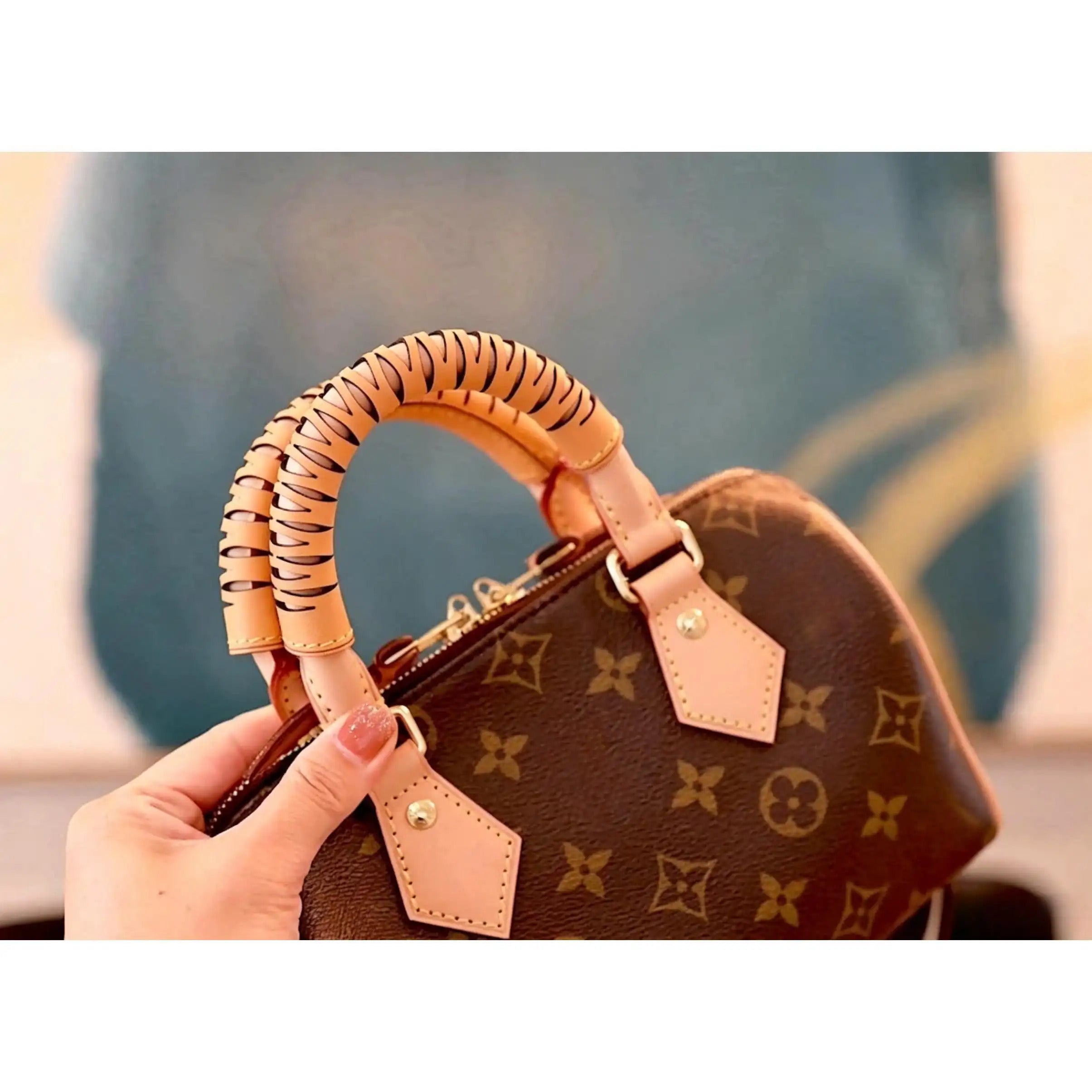 Tan woven leather handle wrap for monogram bag, stylish accessory to refresh your favorite handbag