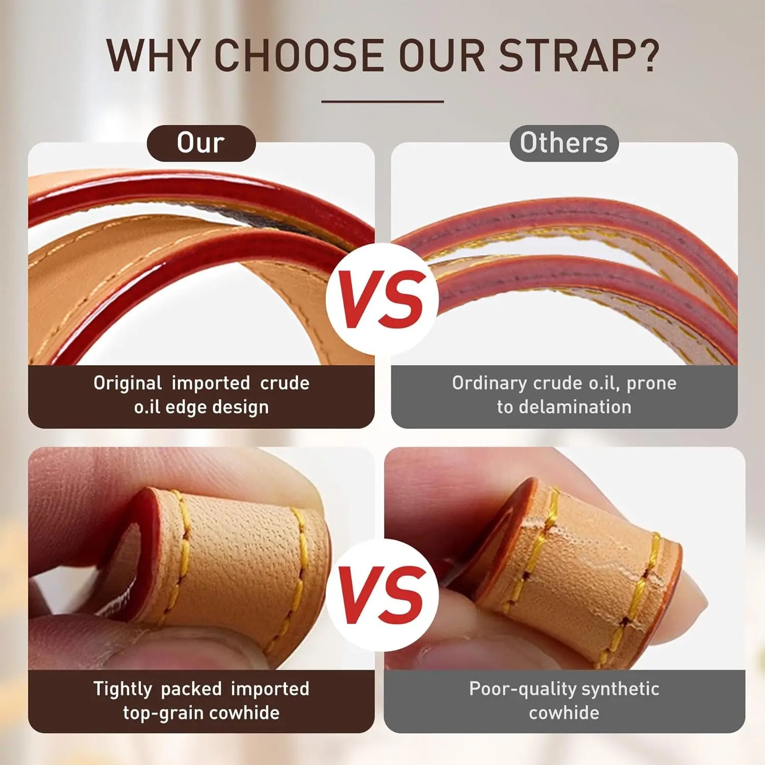 Premium leather bag strap comparison: imported crude oil edge vs ordinary, top-grain cowhide vs synthetic