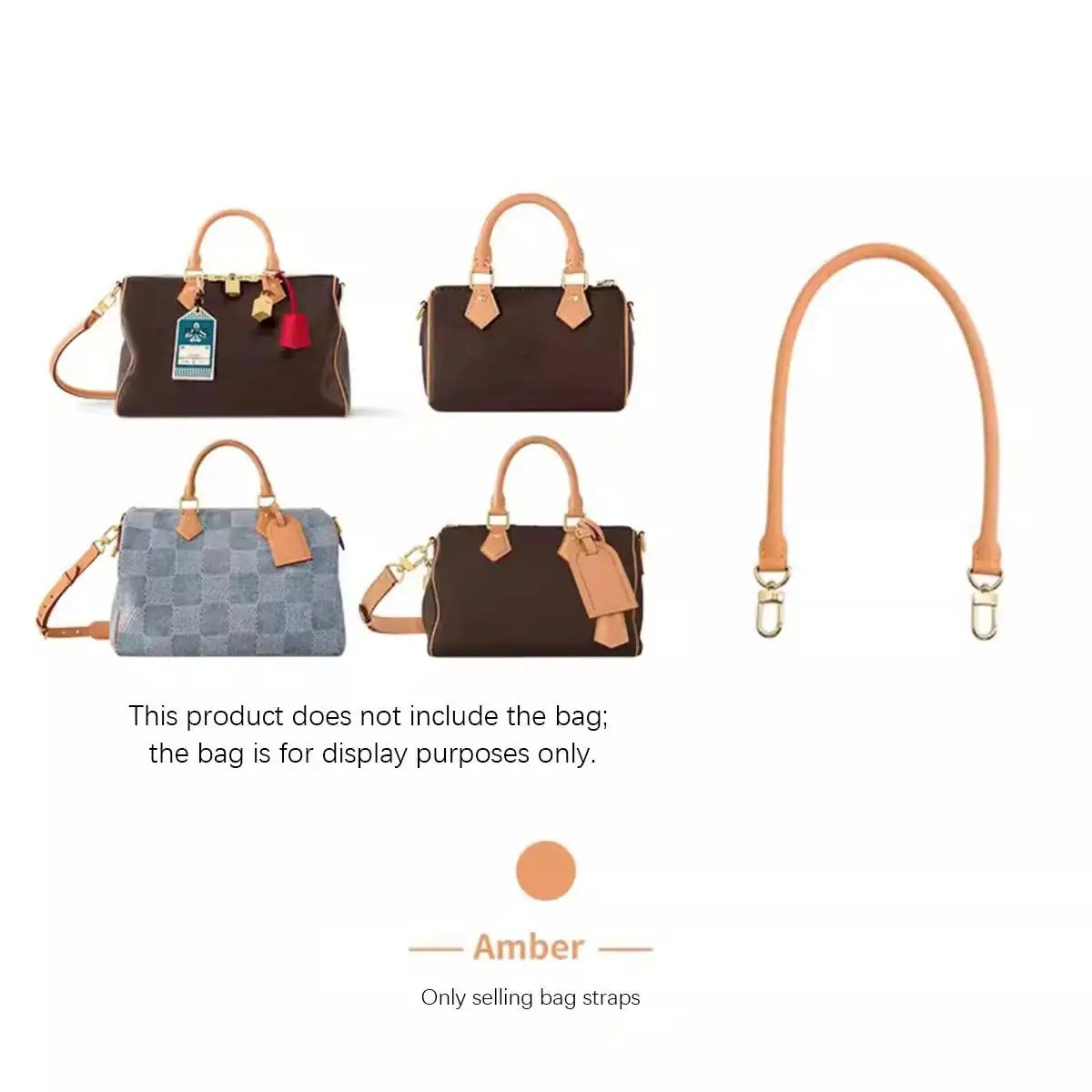 Amber leather bag strap replacement for handbags, shown with display bags. Only strap sold.