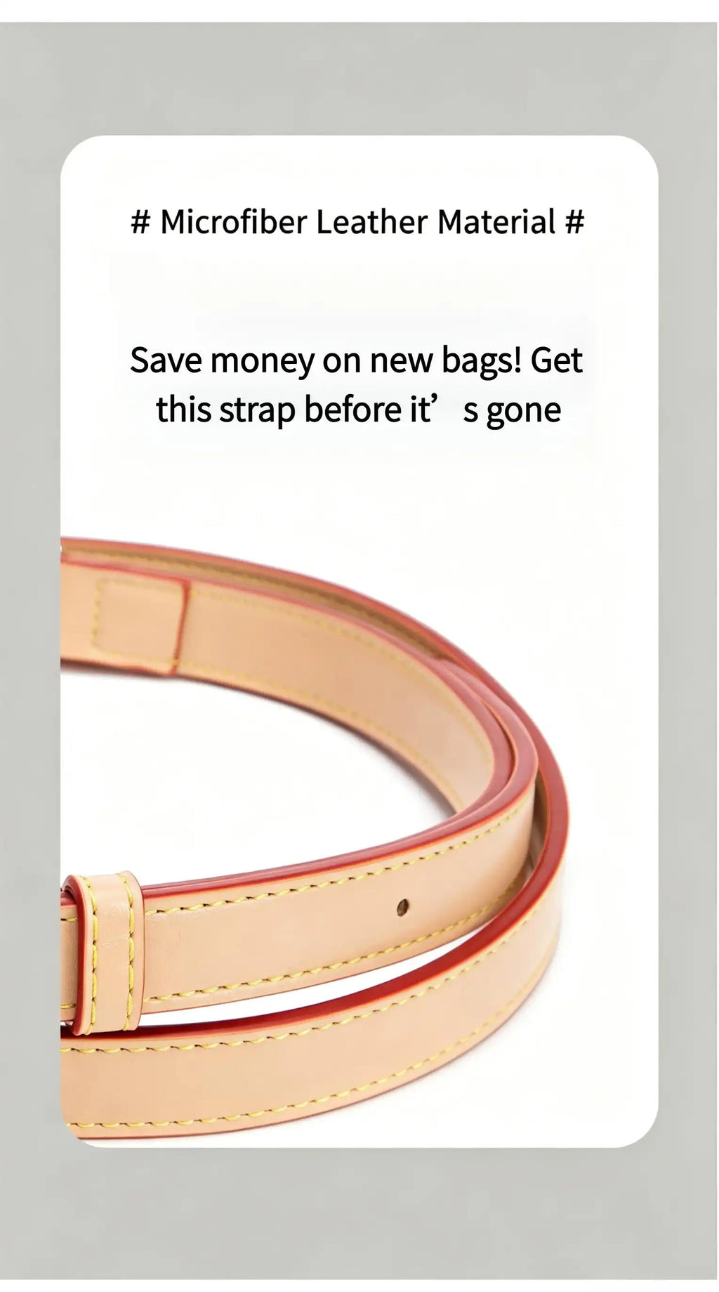 Tan microfiber leather bag strap with red edge and yellow stitching, replacement accessory for handbags