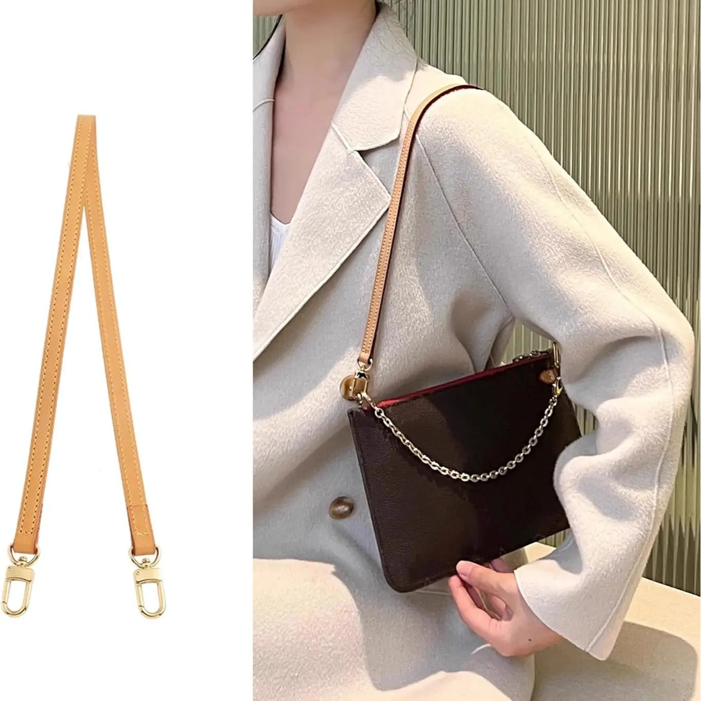 Tan leather bag strap with gold hardware, shown on a brown shoulder bag for stylish accessory upgrade.