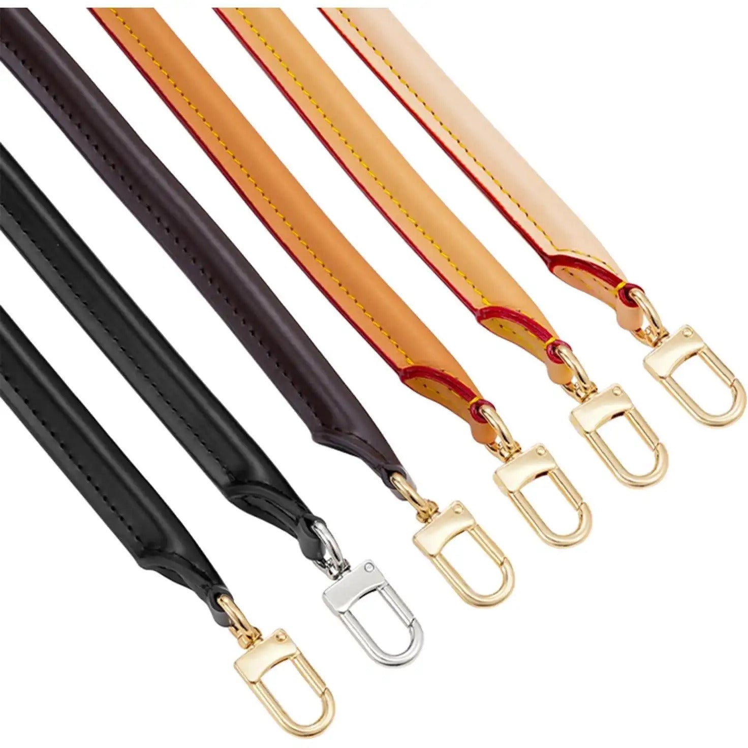 Leather bag straps in black, brown, tan, and beige with gold hardware for purse repair and customization.
