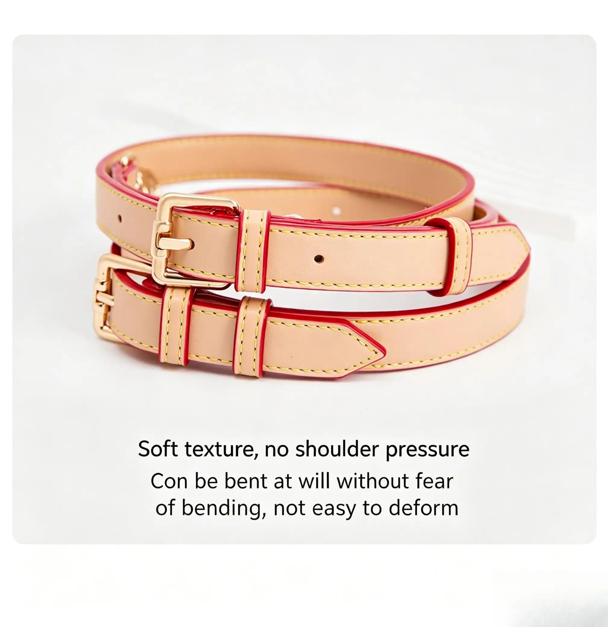 Soft beige leather bag strap with red edges and gold buckle, comfortable shoulder replacement accessory