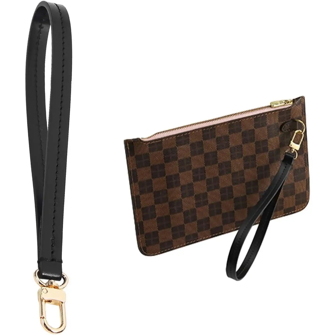 Black leather wrist strap with gold clasp for checkered pouch, replacement accessory for bags