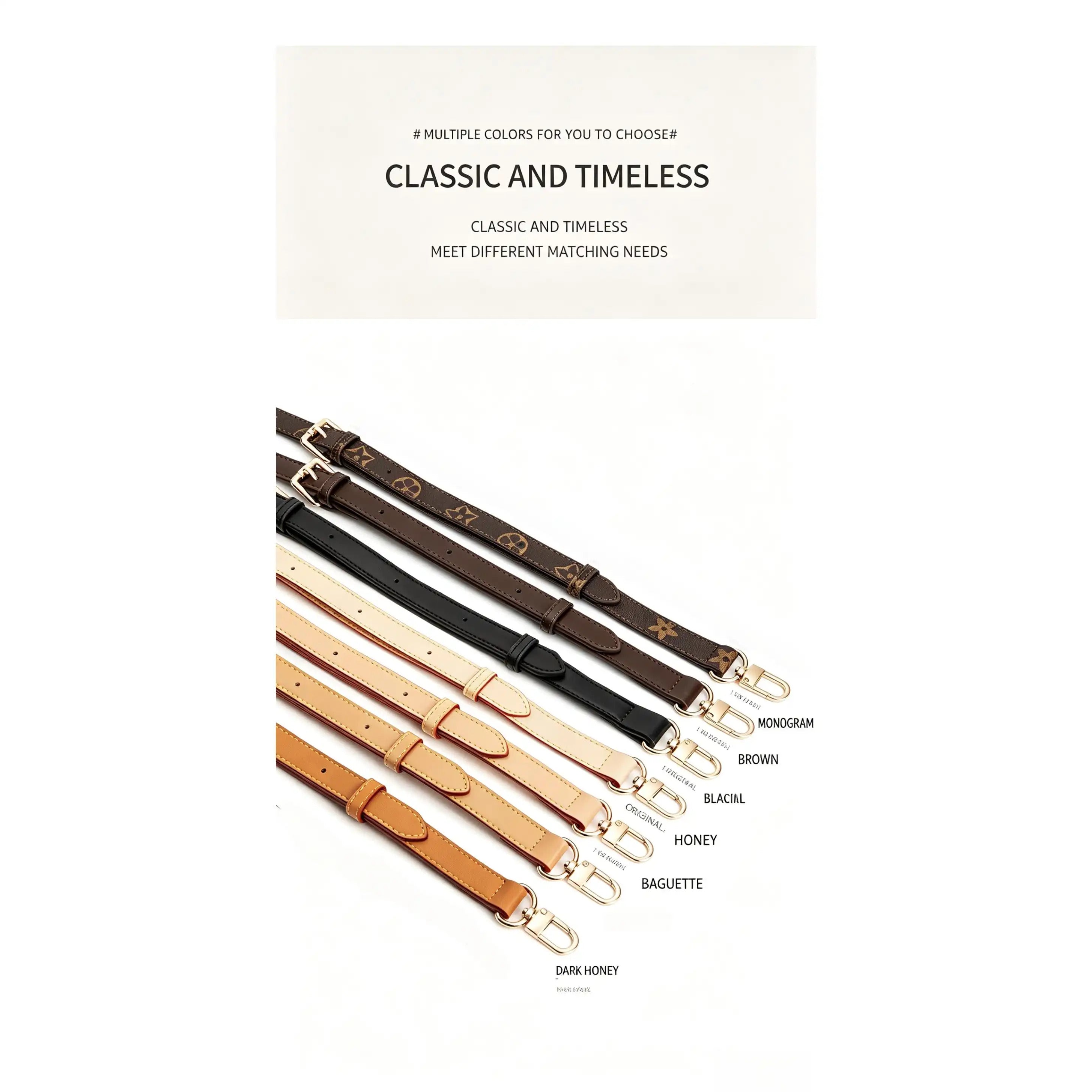 Classic timeless bag straps in multiple colors: monogram, brown, black, honey, baguette, dark honey