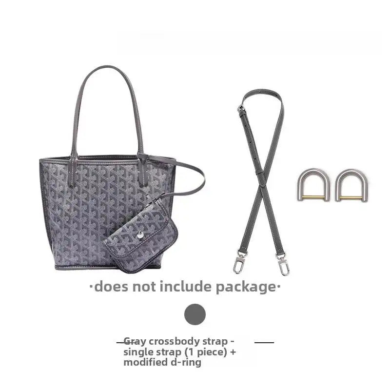 Gray crossbody strap with modified D-rings for bag customization, shown with patterned tote