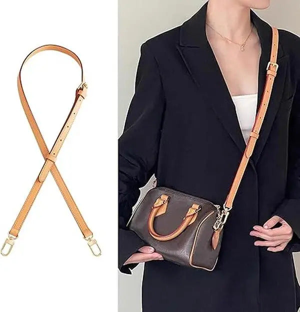 Tan leather bag strap replacement with gold hardware, shown on brown handbag and model