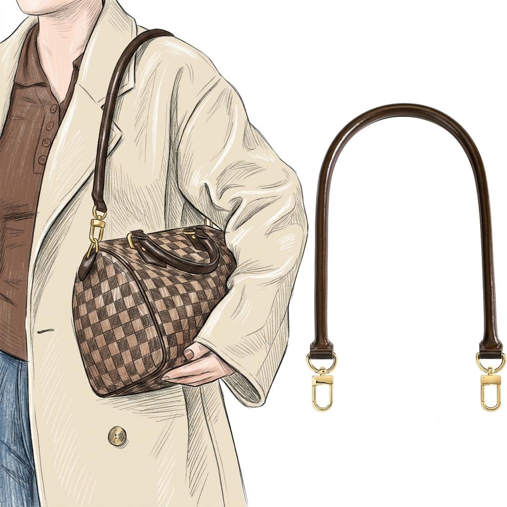 Brown leather bag strap replacement with gold hardware for checkered handbag