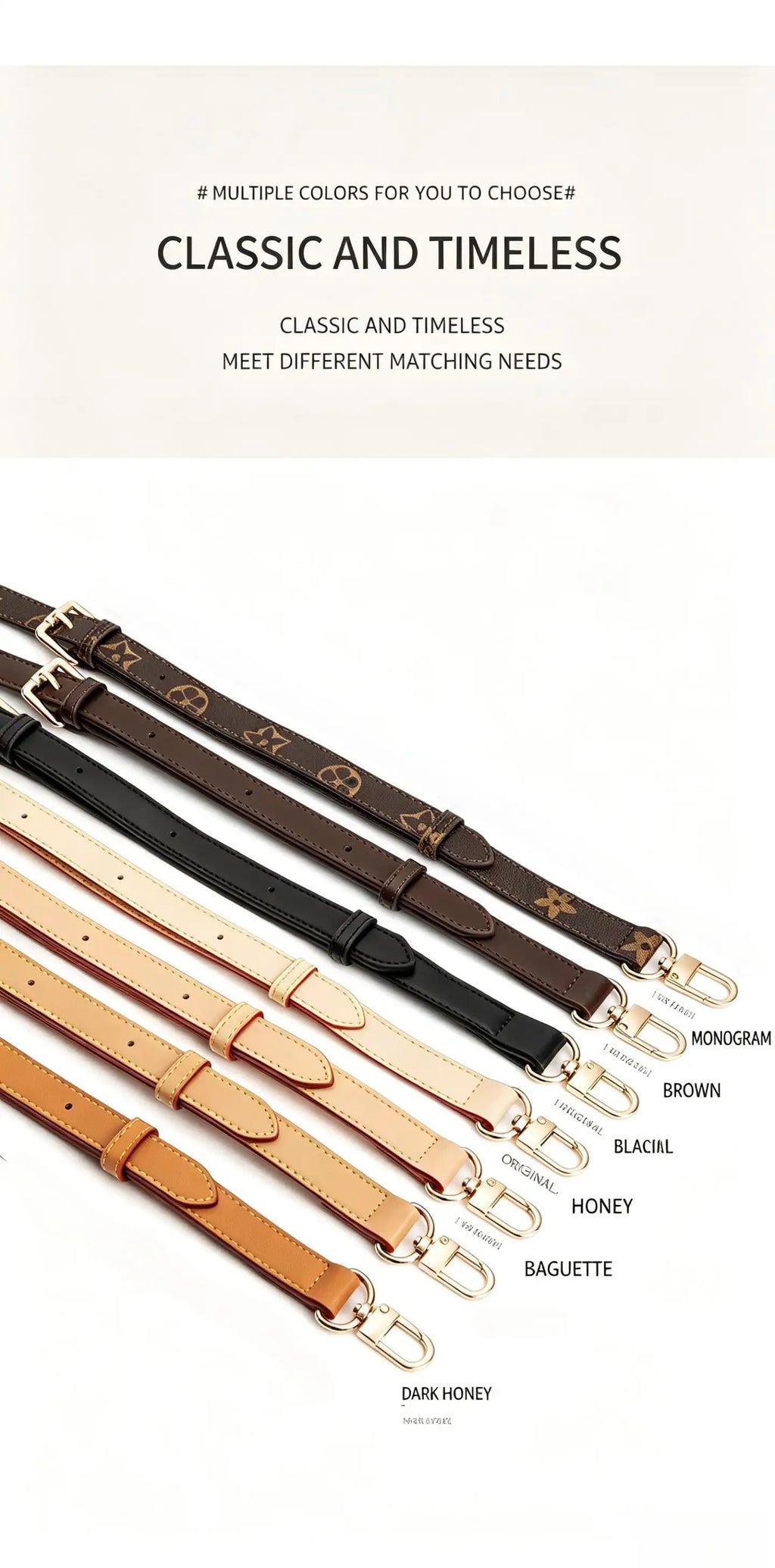 Classic timeless bag straps in multiple colors: monogram, brown, black, honey, baguette, dark honey